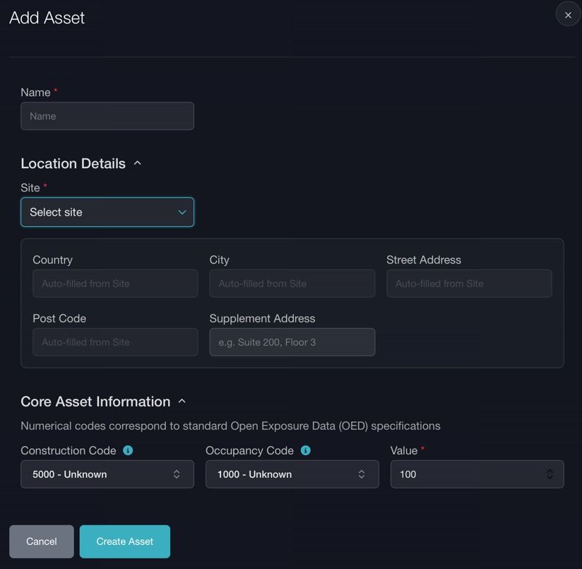 VenTRACK Add Asset screen: location details and OED construction and occupancy codes