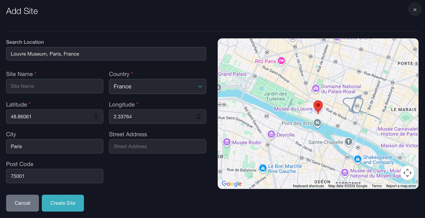 VenTRACK Add Site screen: site located by search or latitude and longitude, shown on a map of central Paris